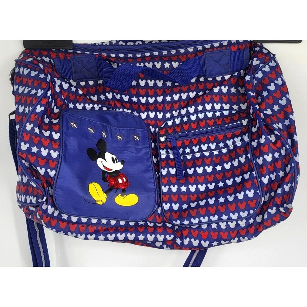 Disney Mickey Mouse Duffel Travel Sports Bag Red White Blue Pockets Sequins